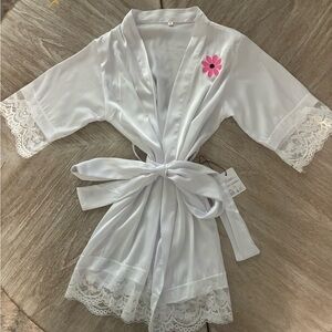 White Silk & Lace Flower Girl Robe with Pink Flower